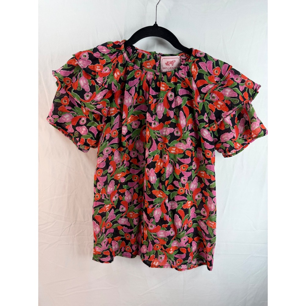 Banjanan Floral Ruffle Sleeve Cotton Blouse Pink Orange XS quiet‎ luxury cotton